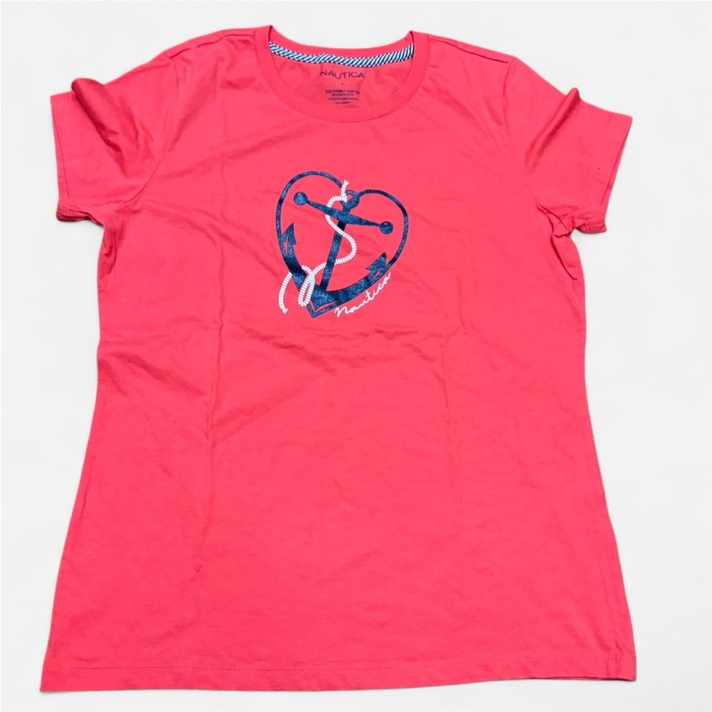 Nautica Coral Tee with Navy Anchor Graphic